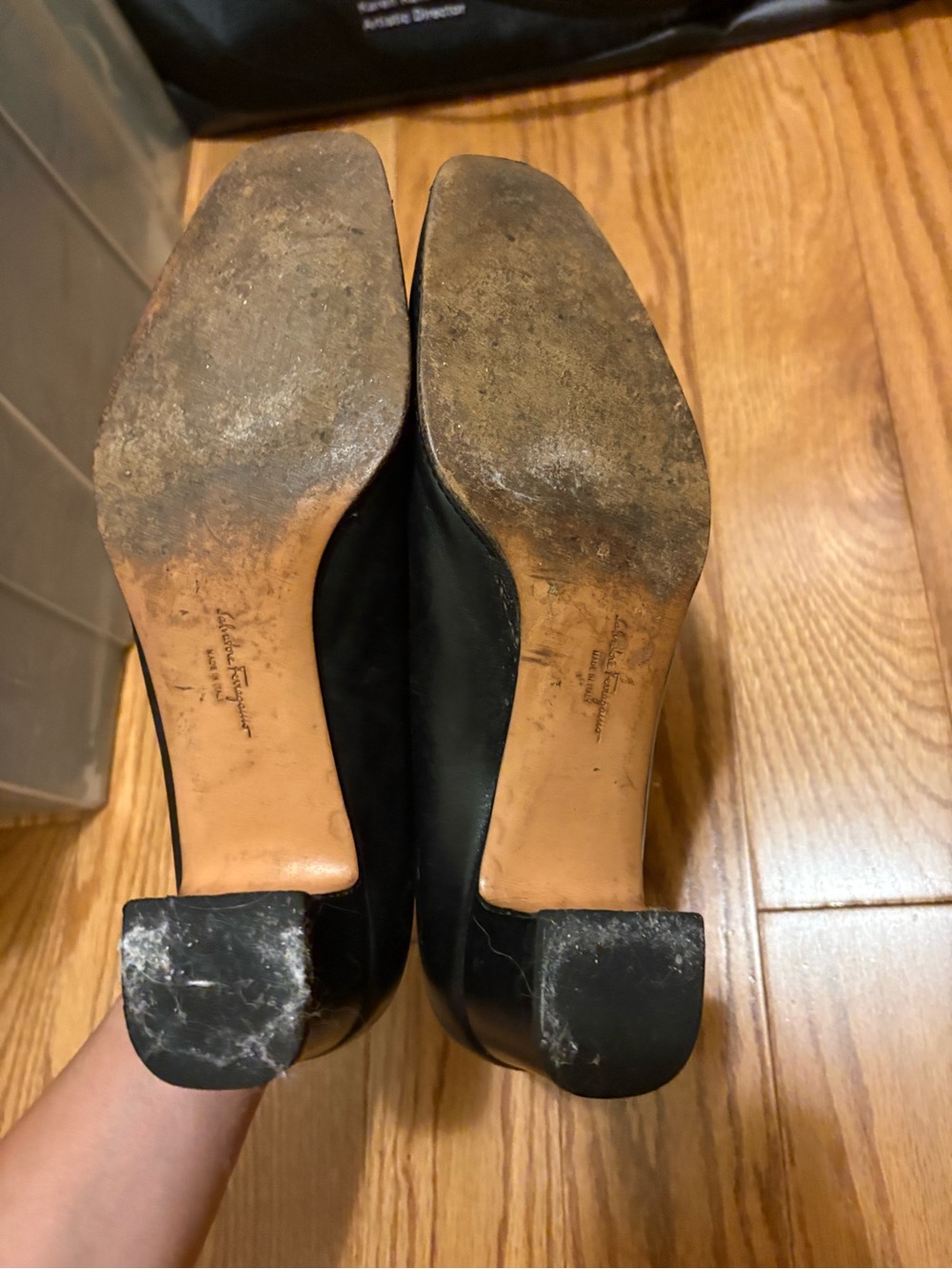 Vintage Ferragamo Black Leather Block Heels - Picture 4 of 11